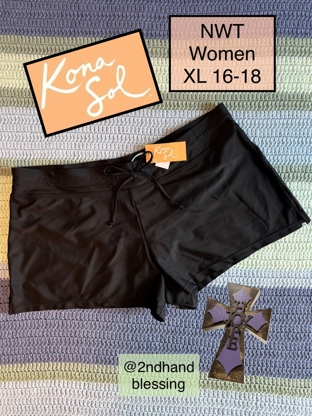 NWT Kona Sol Women's Black High Coverage Swim Shorts XL, Drawstring, Back Pocket